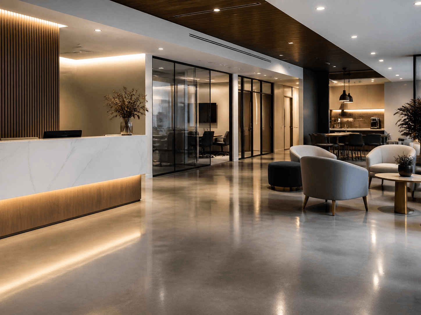 Clean commercial reception, office, and hospitality space