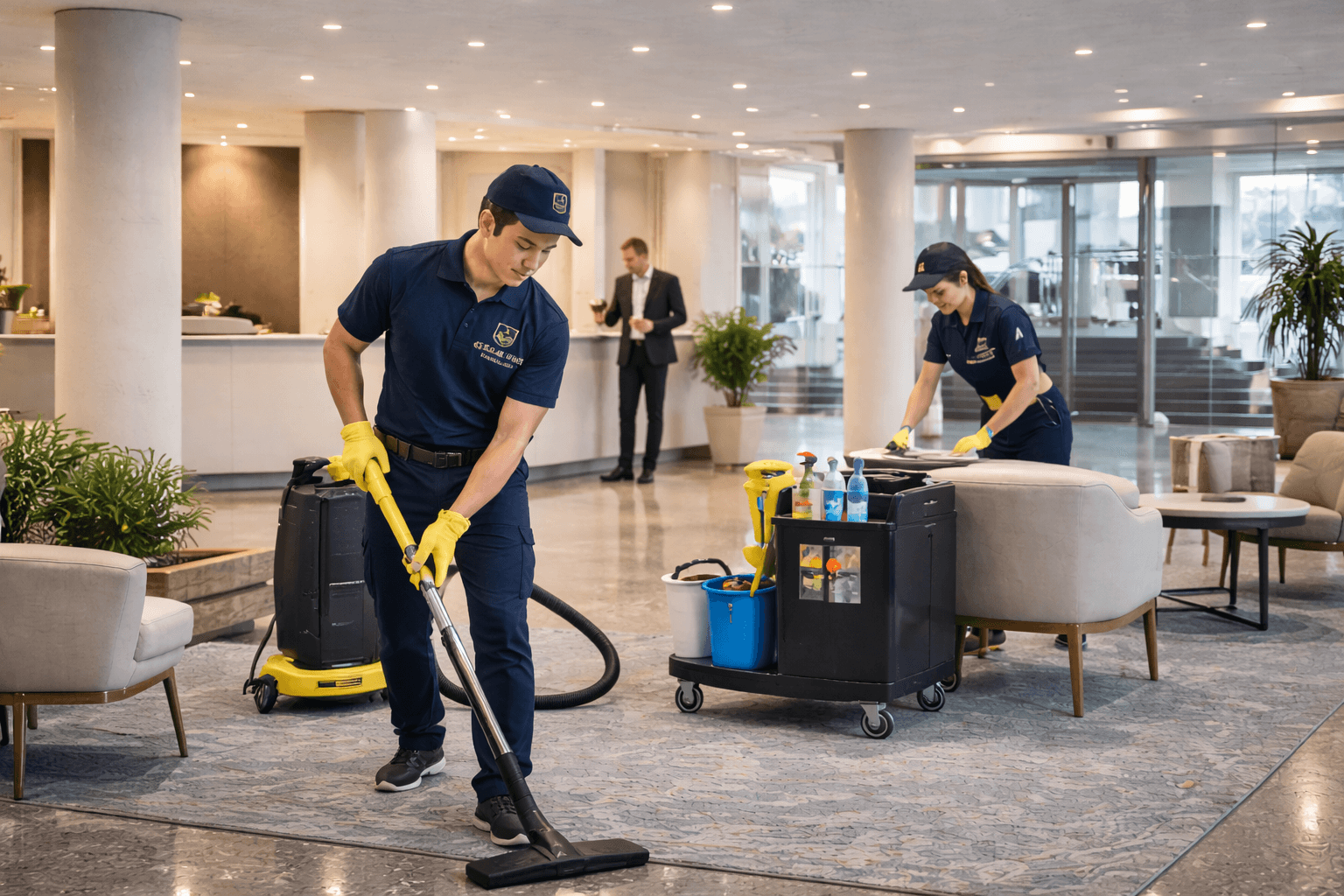 Commercial cleaning team in a professional workspace